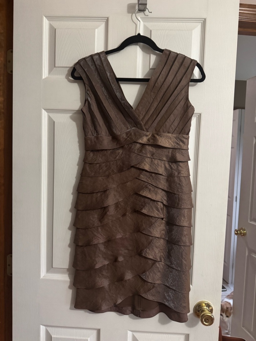 Adrianna Papell Metallic Bronze Tiered V-Neck Midi Dress